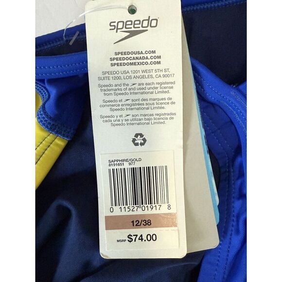 Speedo One Piece Swimsuit 12 Blue Yellow Gold Sporty PowerFlex Eco Splice Back - Picture 16 of 16